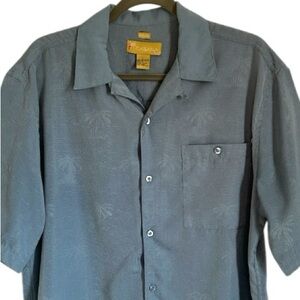 Cabana Blue Short Sleeve Camp Shirt Subtle Tropical Palm Tree Print Button L